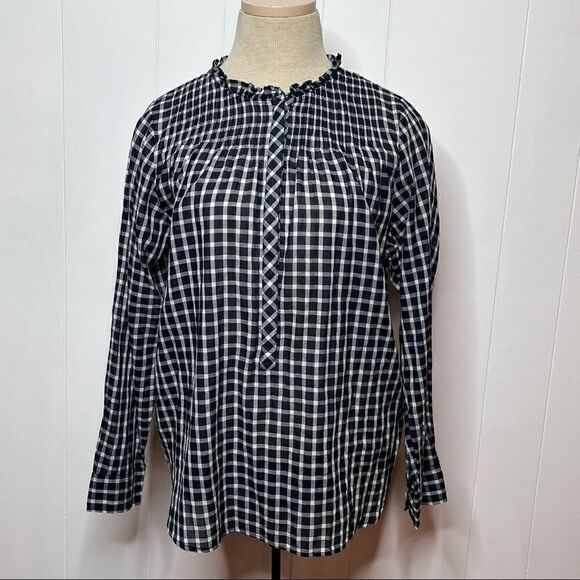 J Crew Ruffle Classic Popover Shirt Blouse Mini Windowpane Check Blue White Sz 4 - Picture 1 of 5